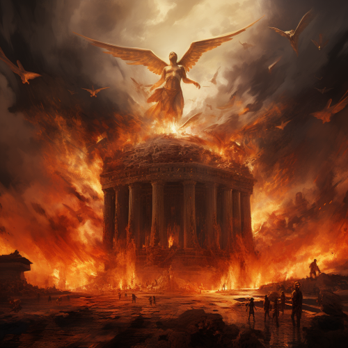 Angry gods in burning temple Angry gods in burning temple