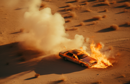 Burning vehicle in desert activism aerial