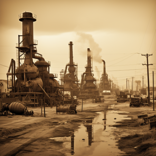 Bustling oil field with derricks Bustling oil field with derricks