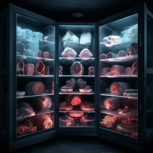 Butcher Glass Freezer with Vinyl Records and Meat
