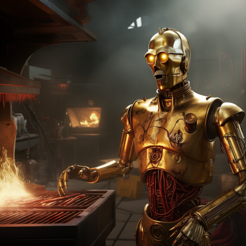 C-3PO grilling delicious burgers