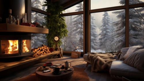 Cozy cabin in woods with snow and fireplace Cozy cabin in woods with snow and fireplace