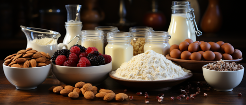 Assorted cake baking ingredients on table