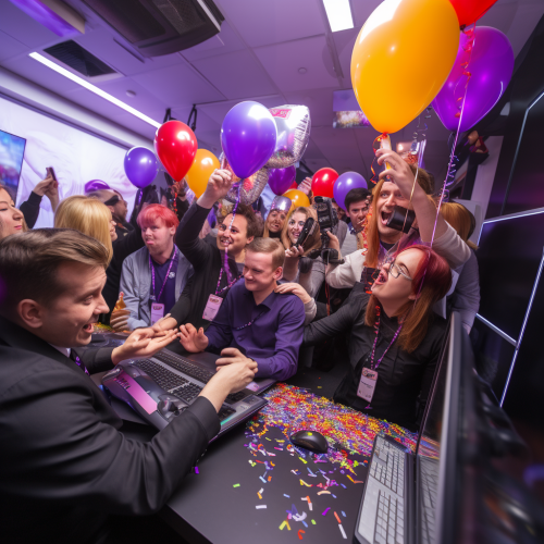 Happy call center team celebrating birthday