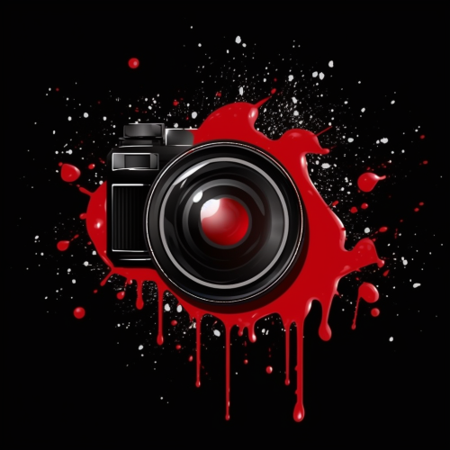 Red spray paint dripping on camera lens logo