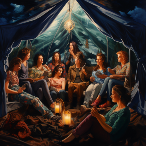 Group of ladies camping happily