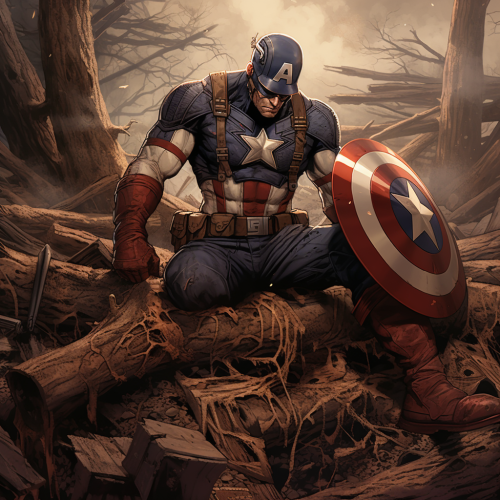 Captain America chopping wood with axe, Groot sleeping Captain America chopping wood with axe, Groot sleeping