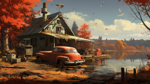 Serene car repair scene with autumn trees near a lake