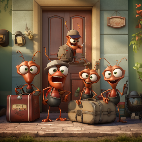 Cartoon ants at front door with suitcases