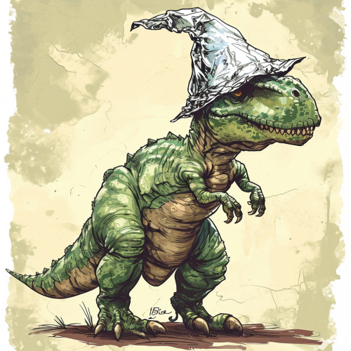 Cartoon dinosaur wearing tin foil hat