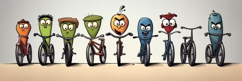Playful cartoon bicycles in a row