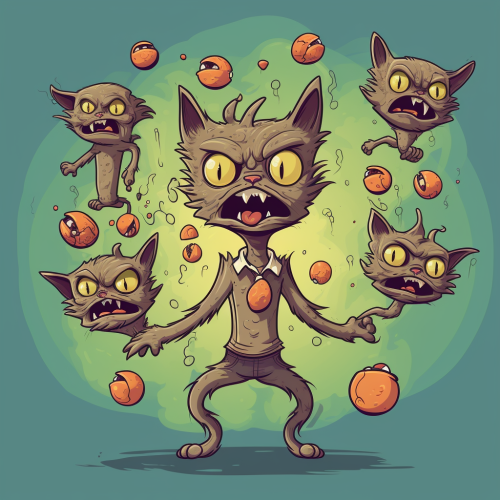Cartoon zombie juggling cat heads