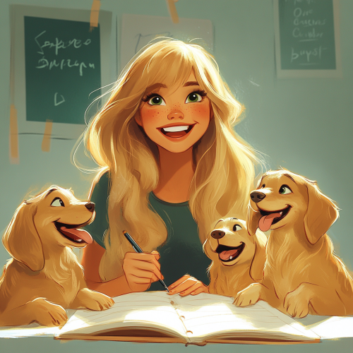 Happy blonde woman writing with puppies