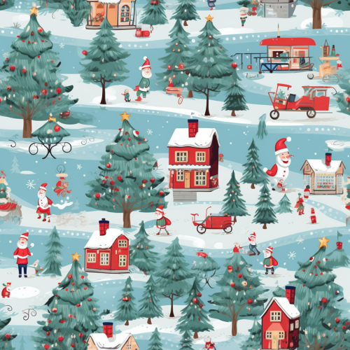 Cheerful cartoon Christmas village with Santa