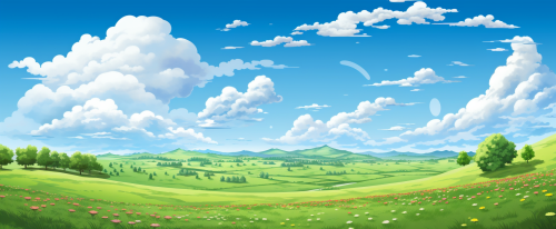 Beautiful Cartoon Meadow with Blue Sky
