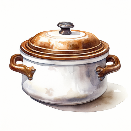 Watercolor painting of a cast iron pot with lid
