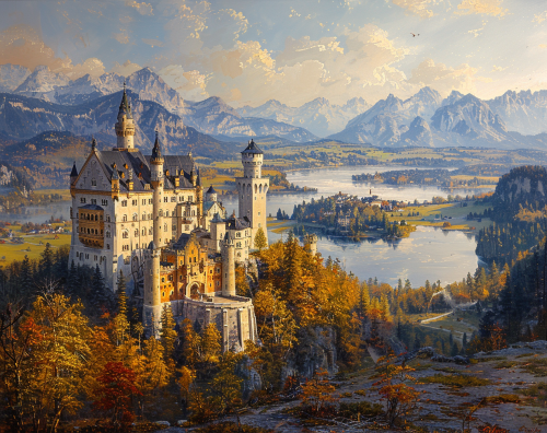 Vibrant watercolor painting of Neuschwanstein Castle