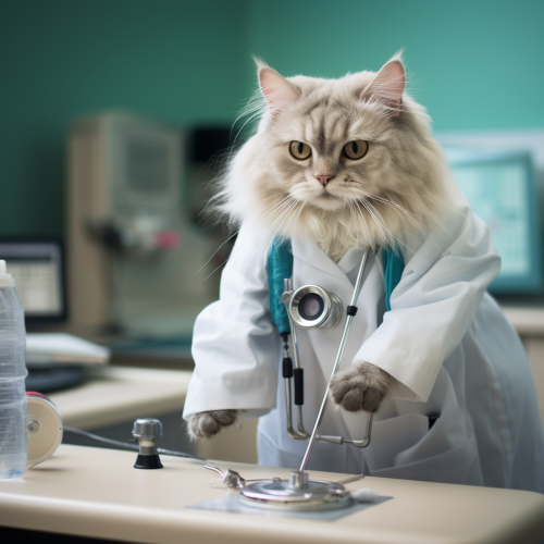 Cat in human clothes working as doctor