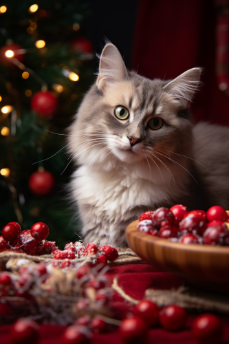Realistic image of a cat eating cranberries