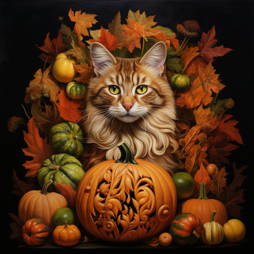 Cat blended into pumpkin surrounded by fall gourds and leaves