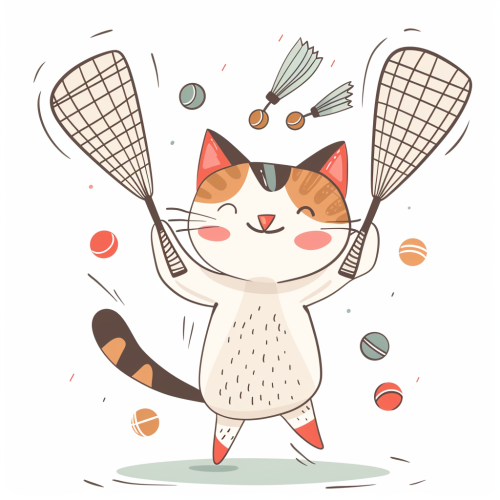 Cartoon cat playing with shuttlecocks
