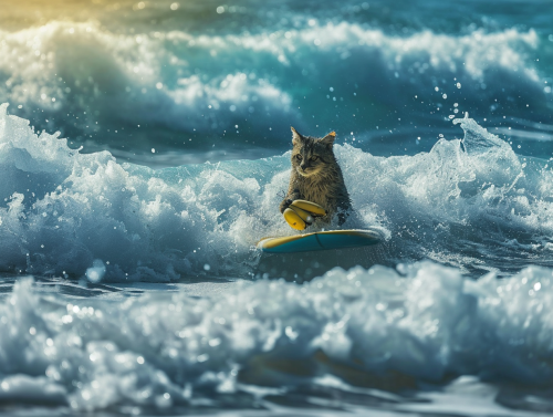 Cat surfing with banana in sea Cat surfing with banana in sea