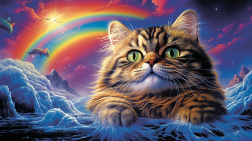 Cat swimming in majestic seas with starry sky, rainbow, moon