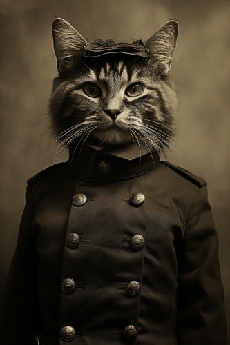 Old photograph of a cat in military uniform Old photograph of a cat in military uniform