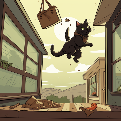 Catperson thief with bag of treasure jumping from window