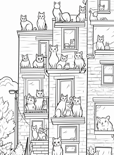 Coloring page of cats on roof