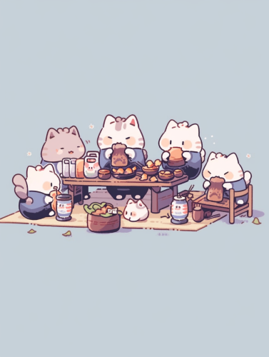 Group of cats enjoying sushi and sake