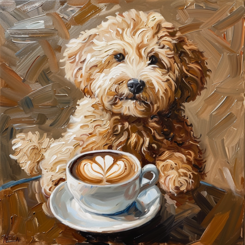 Cavapoo holding coffee cup latte Cavapoo holding coffee cup latte