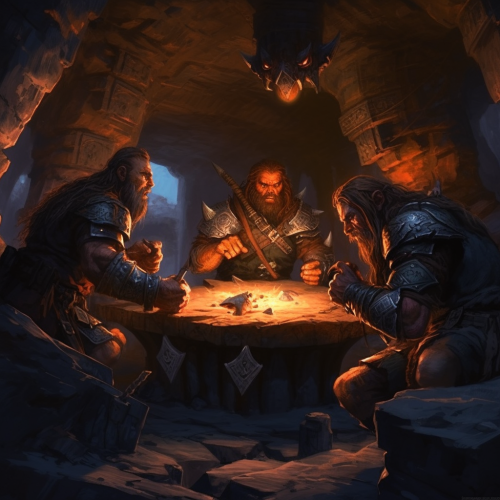 Cavemen playing game of dungeons and dragons