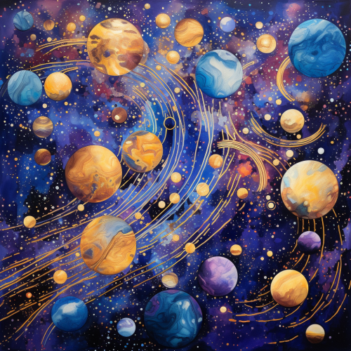 Abstract artwork depicting celestial harmony with swirling galaxies