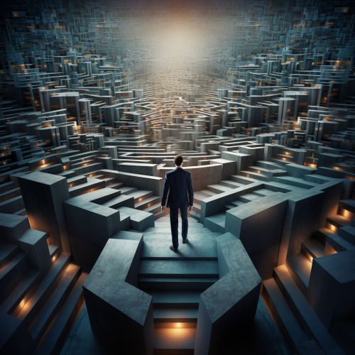 Business professional facing multiple obstacles on a chaotic path