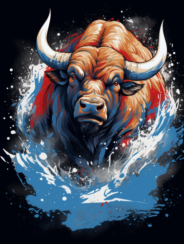 Charging buffalo splash art in red, white, and blue