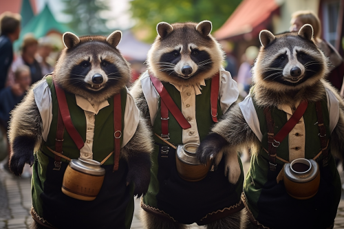Group of joyful raccoons at Oktoberfest