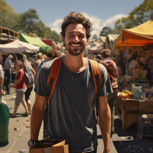 Person walking at flea market with cheerful expression