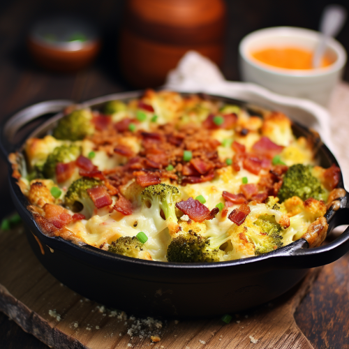 Tasty cheesy cauliflower casserole with broccoli and bacon