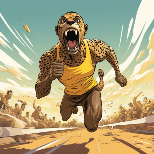 Cartoon cheetah sprinting towards the finish line