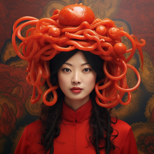 Beautiful Eurasian woman wearing noodle hat and sriracha blouse