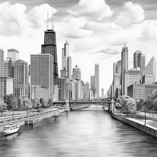 Detailed pencil sketch of Chicago's 3D skyline