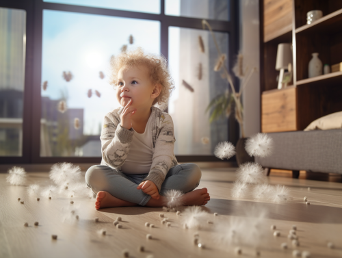 Child sitting on clean carpet in modern living room