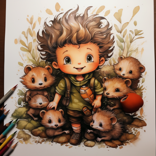 Child surrounded by hedgehogs and teddy bear