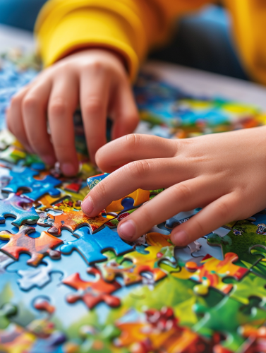 Child's hands selecting puzzle pieces