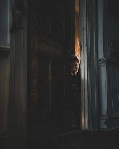 child hiding behind door thriller