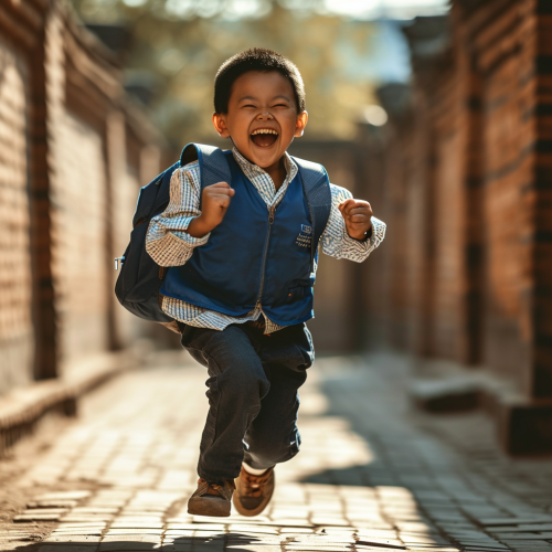 Happy child in blue uniform