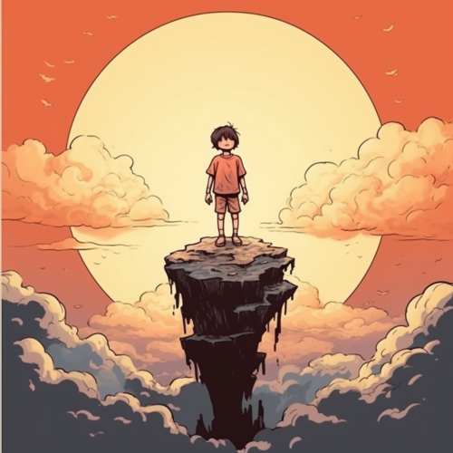 Inspiring image of child standing on small cliff