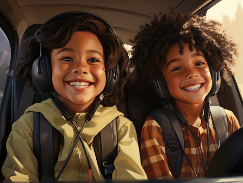 Children safely buckled up in car backseat