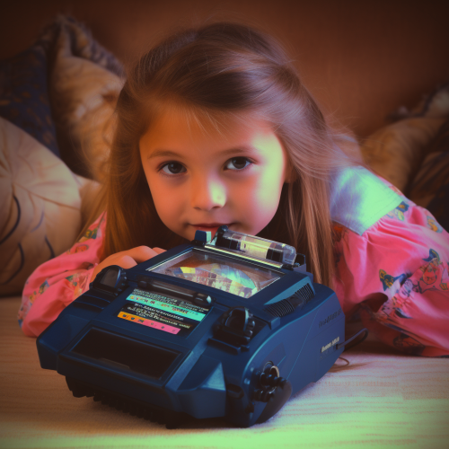 Children podcasting with VHS color noise